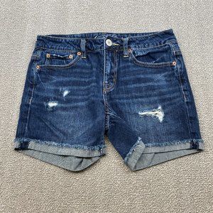 American Eagle Cuffed Jean Shorts Women's Size 2 Mid Rise Distressed Denim Blue